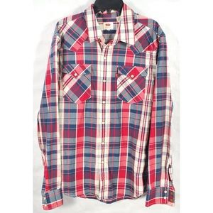 Levi Red White Blue Plaid Pearl Snap Western Shirt